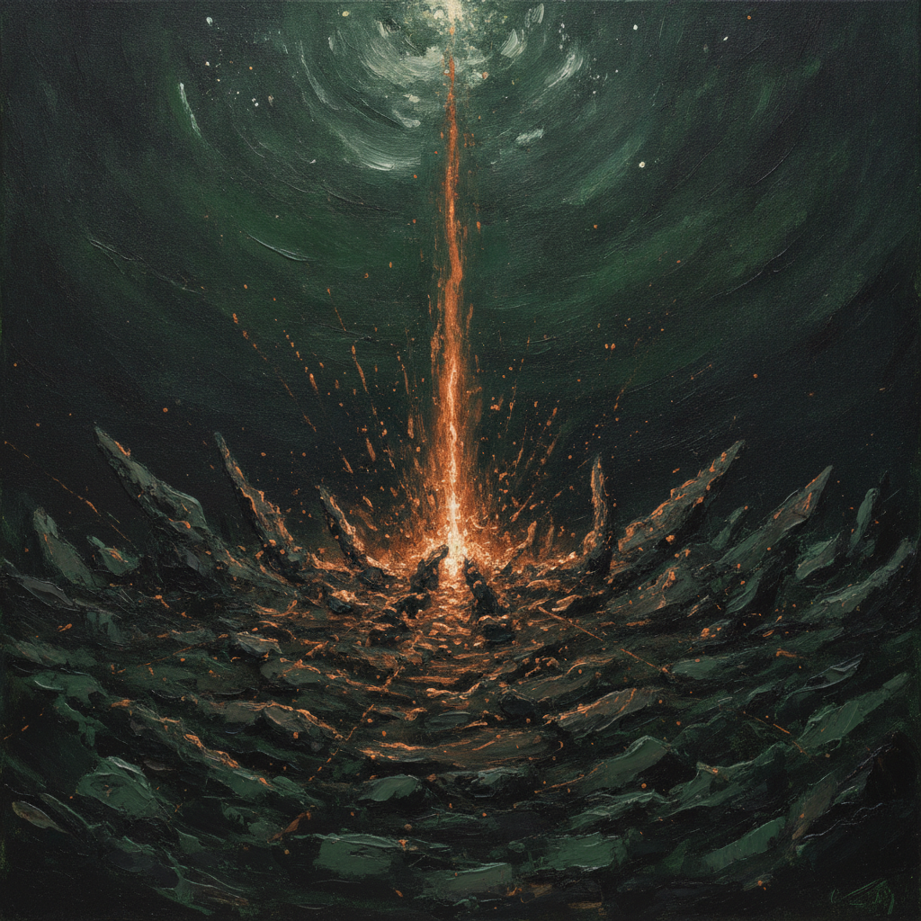 An abstract image of a single figure reaching upwards from a dark, chaotic base towards a bright, star-like light.
