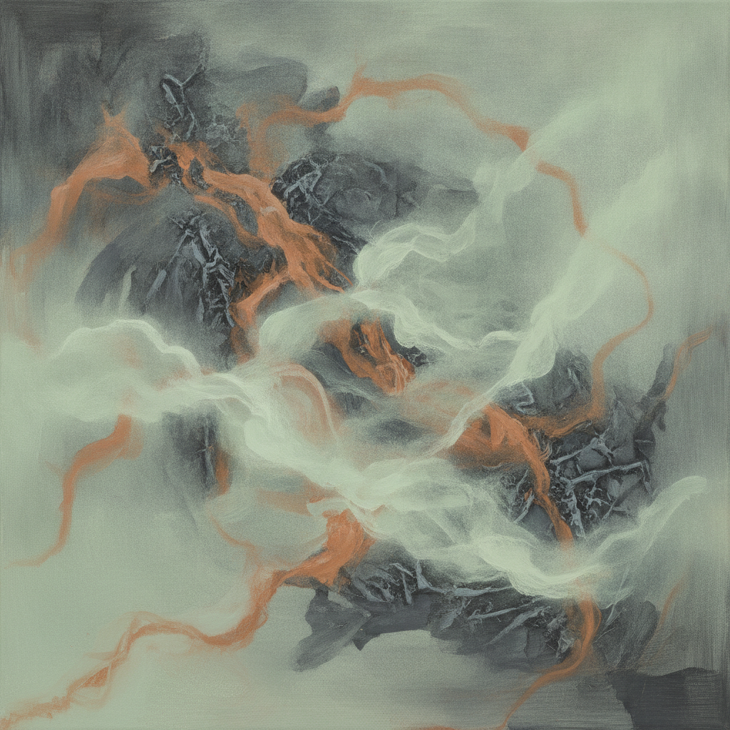 Abstract art depicting faint, echoing figures within a body's outline, with a pathway of light suggesting healing.