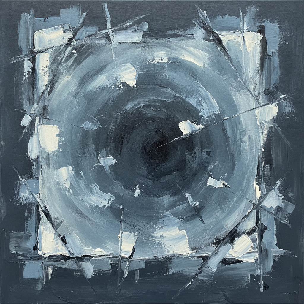 Abstract art depicting a large question mark interwoven with scientific symbols, ancient texts, and philosophical gears.