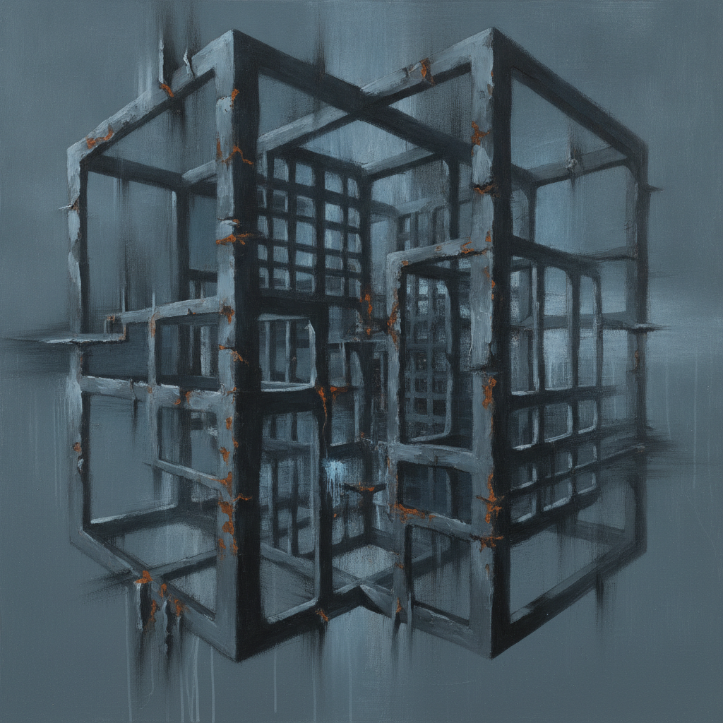 Abstract illustration of a person enclosed by subtle, self-imposed geometric lines, symbolizing chosen limits.
