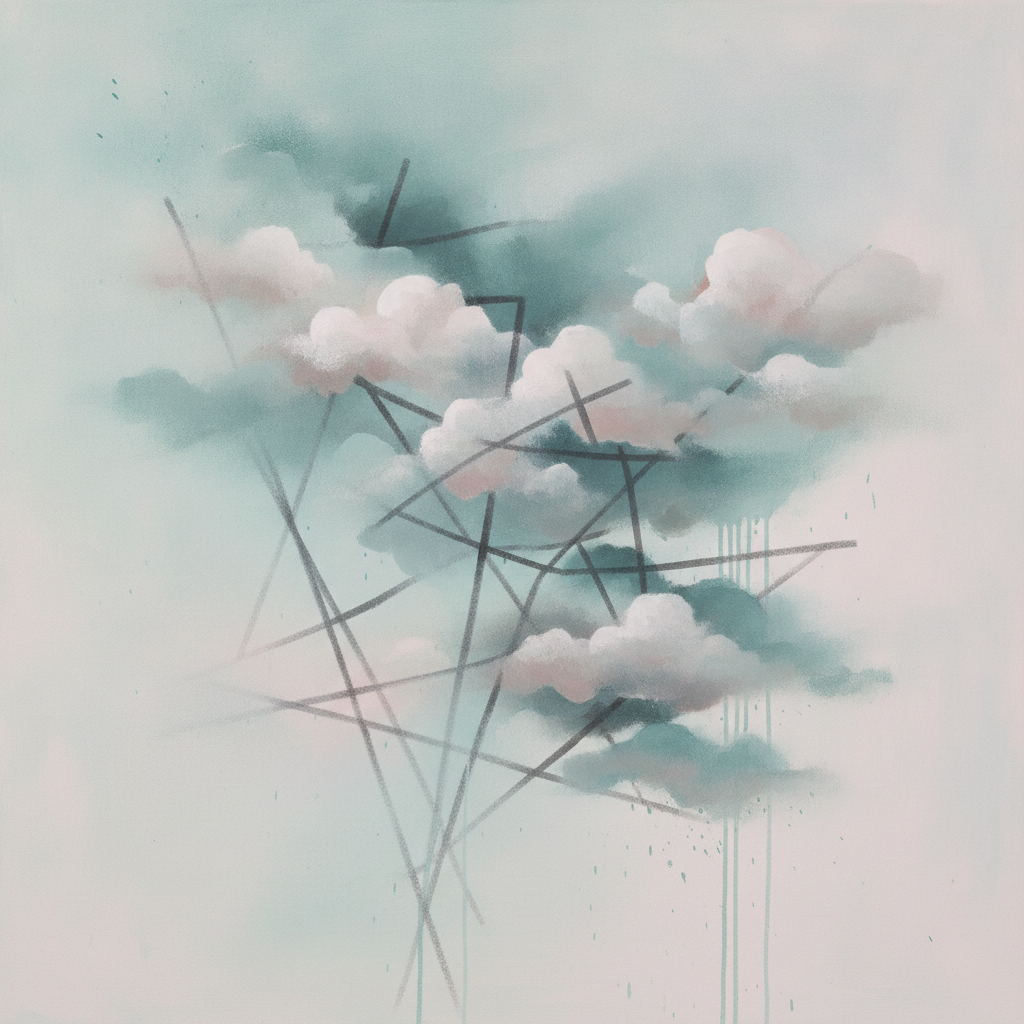 Abstract image contrasting cold mathematical symbols with warm, interconnected human figures.