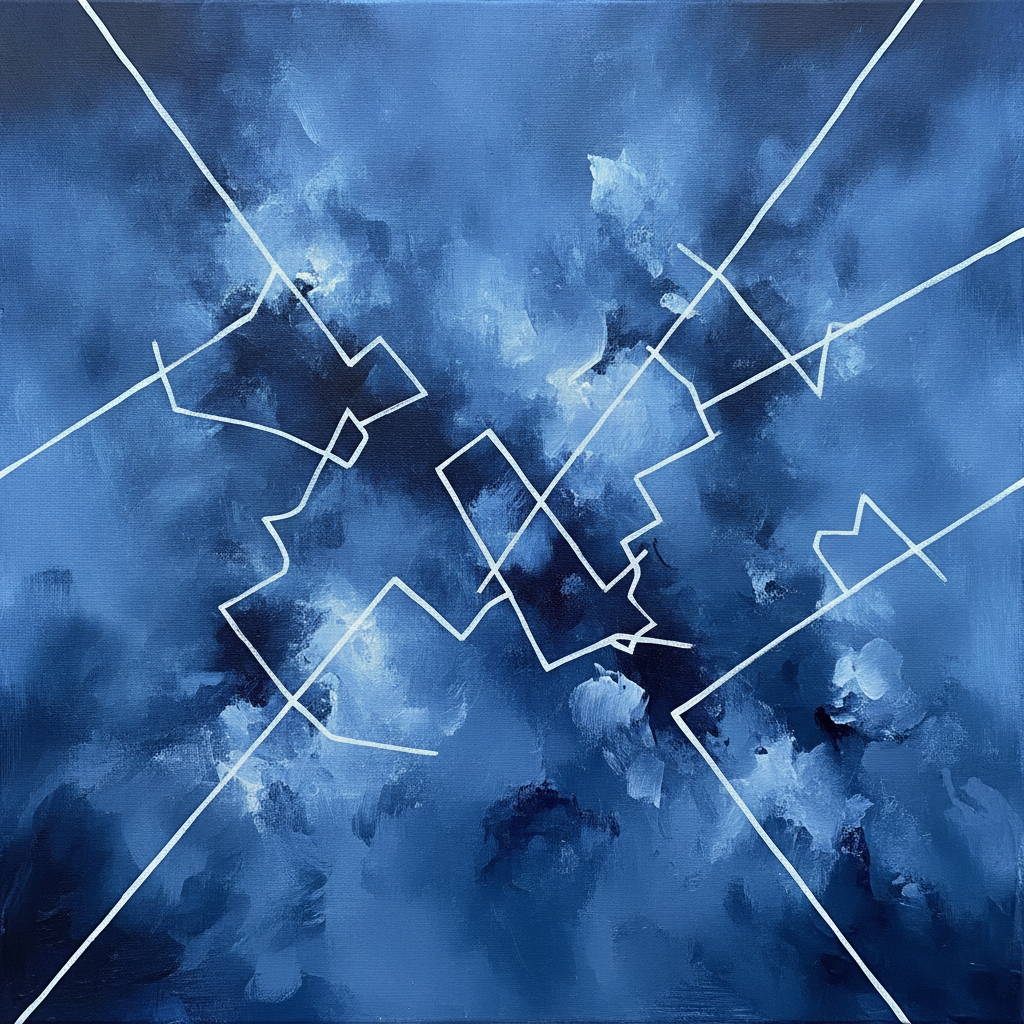 Abstract art blending primal human figures with modern relationship symbols.