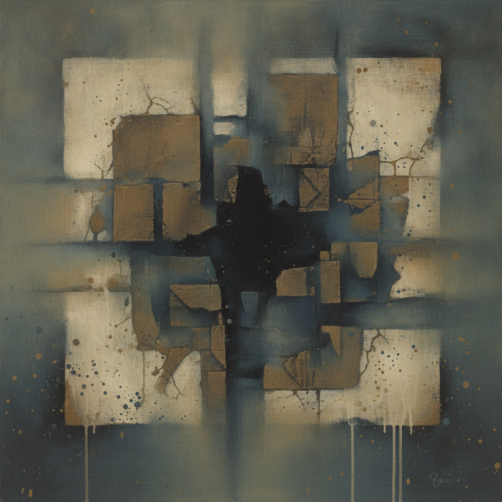 Abstract image of fragmented legal documents or a blocked path, symbolizing incomplete justice and deferred accountabili