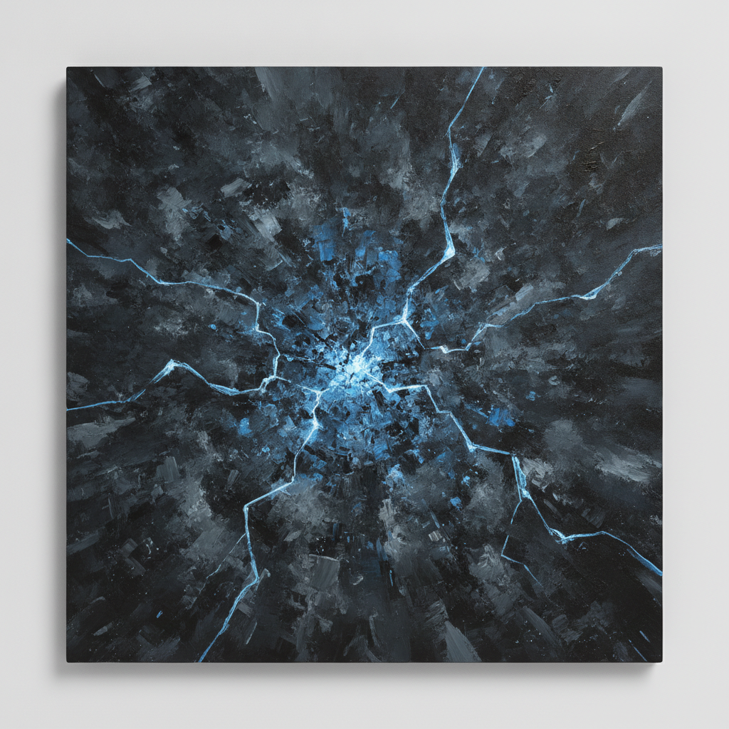Stylized depiction of atoms, power grids, and a fragile Earth within a cosmic setting.