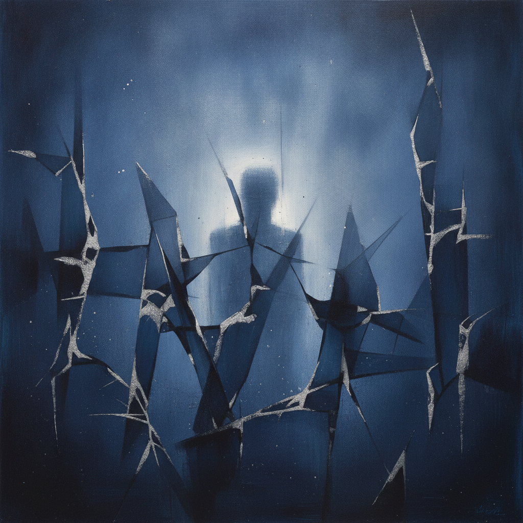 Abstract art showing light breaking through cracks in a dark, protective shell.