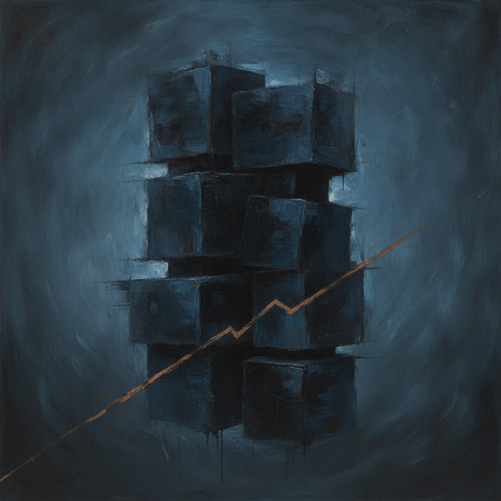 Abstract art of intertwined chains and gears, symbolizing modern societal constraints and effort.