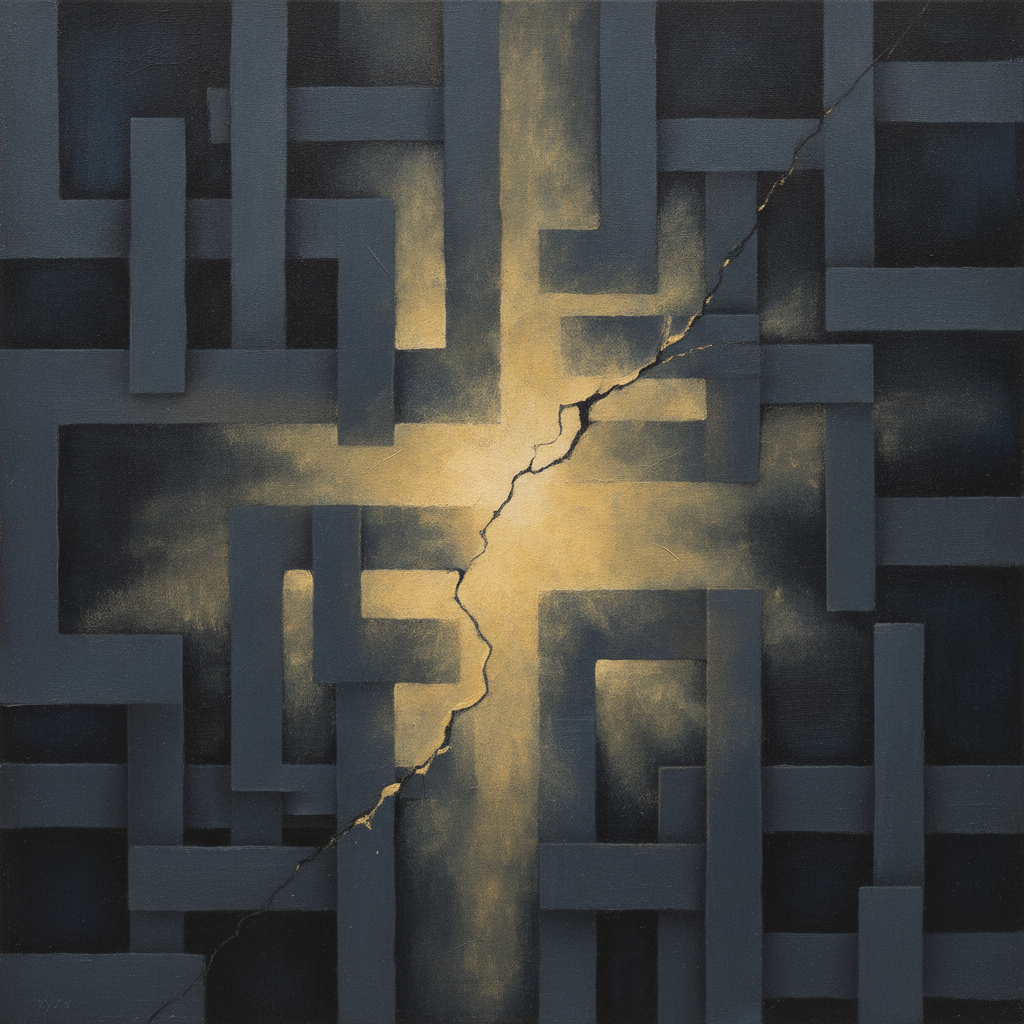 Abstract art showing a figure breaking free from a complex web, moving towards light.