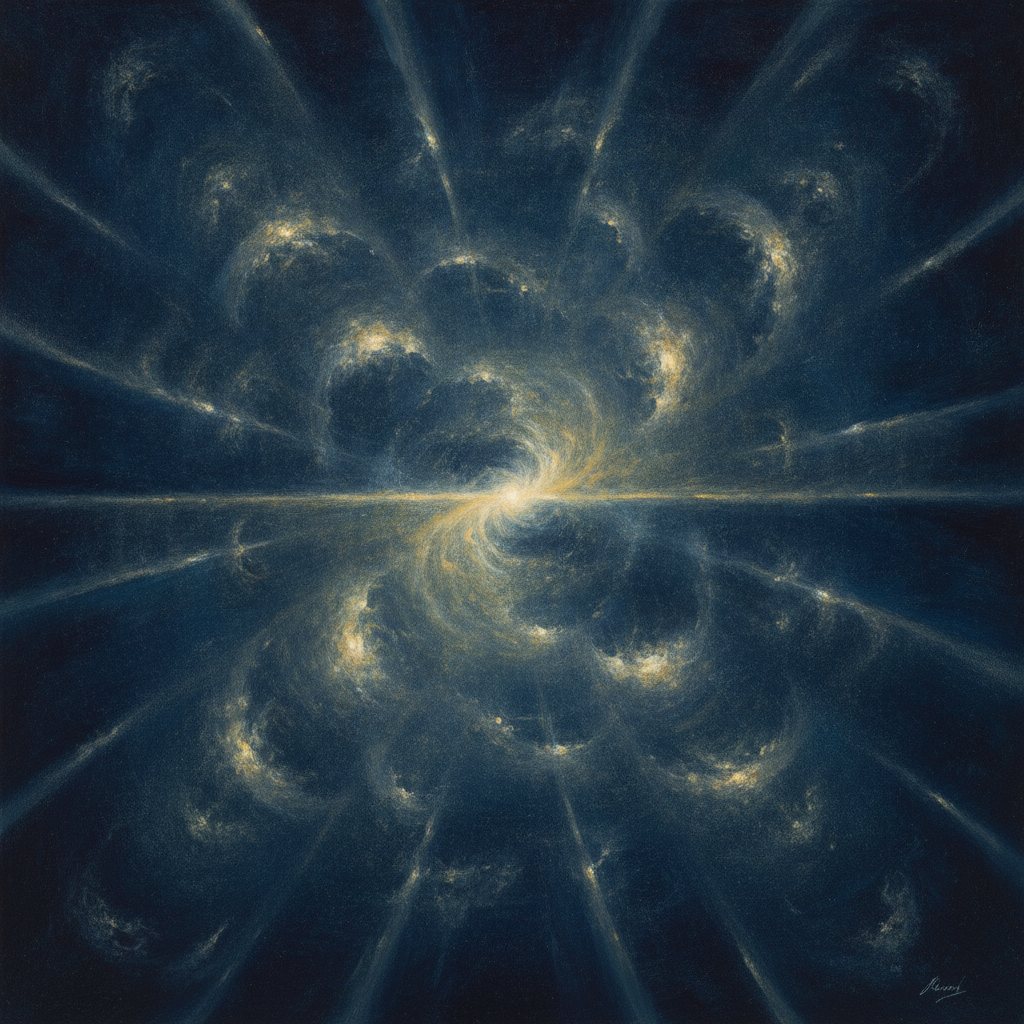 Stylized human eye observing a distorted clock face melting into a cosmic background with branching paths.