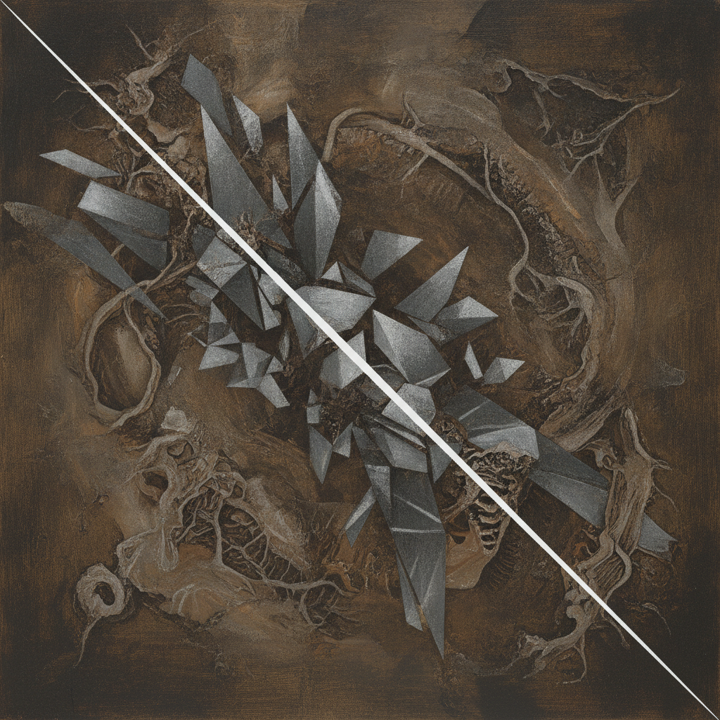 Abstract art depicting the tension between primitive human nature and modern civilization.