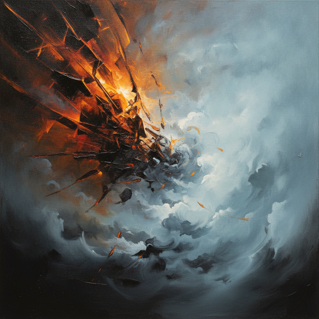 Abstract image of a pathway leading from a chaotic, fragmented landscape towards a clear, stable horizon.