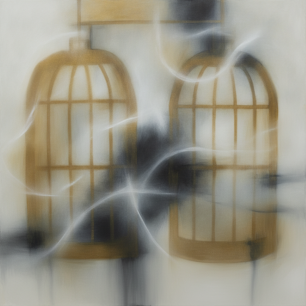 Abstract art showing a comfortable, opulent space with subtle elements of confinement or restriction.