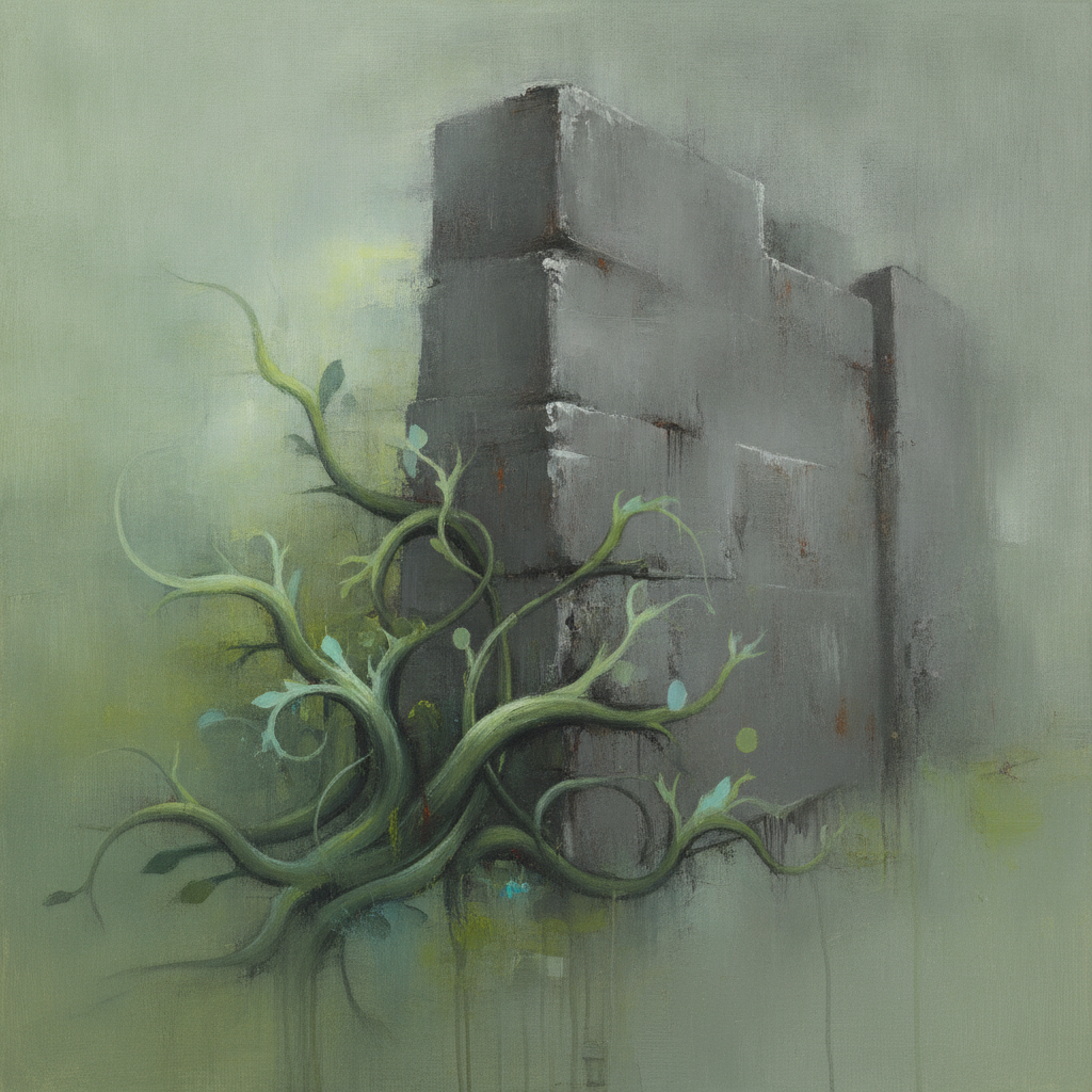 Abstract image of a green plant attempting to grow through a wall of financial symbols.