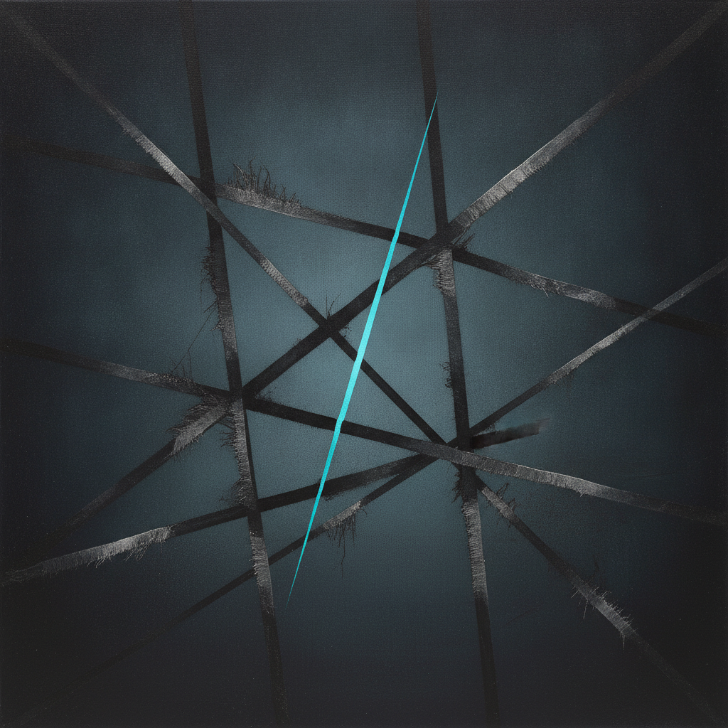 Abstract image showing a single thread breaking free from a complex, interwoven tapestry, symbolizing human agency.
