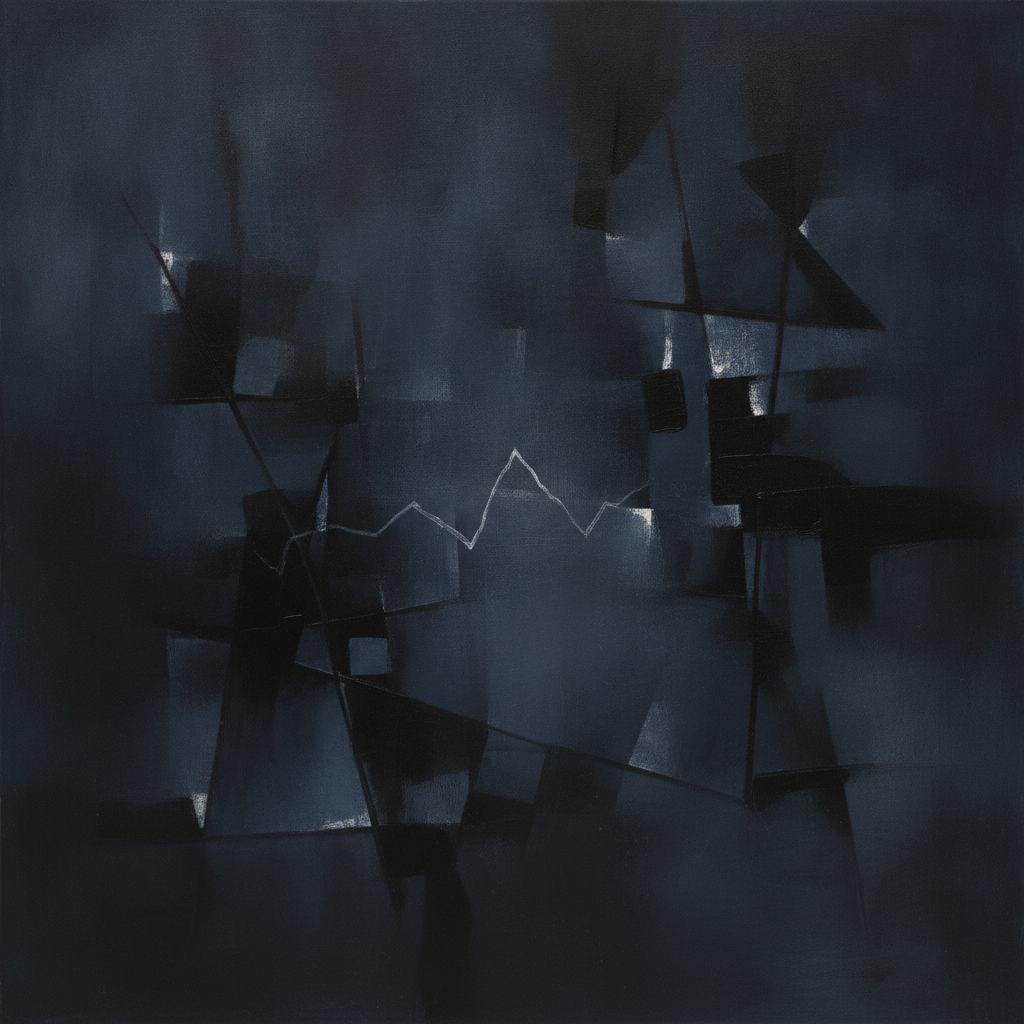 Abstract art of a person trying to sleep in a fragmented, chaotic, and brightly lit environment.
