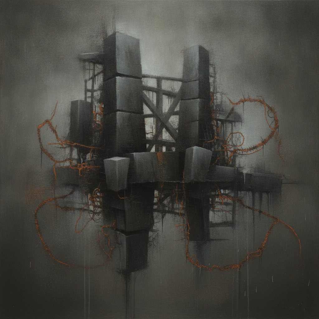 Abstract image of interconnected AI circuits, energy grids, and subtle human figures, representing hidden costs.