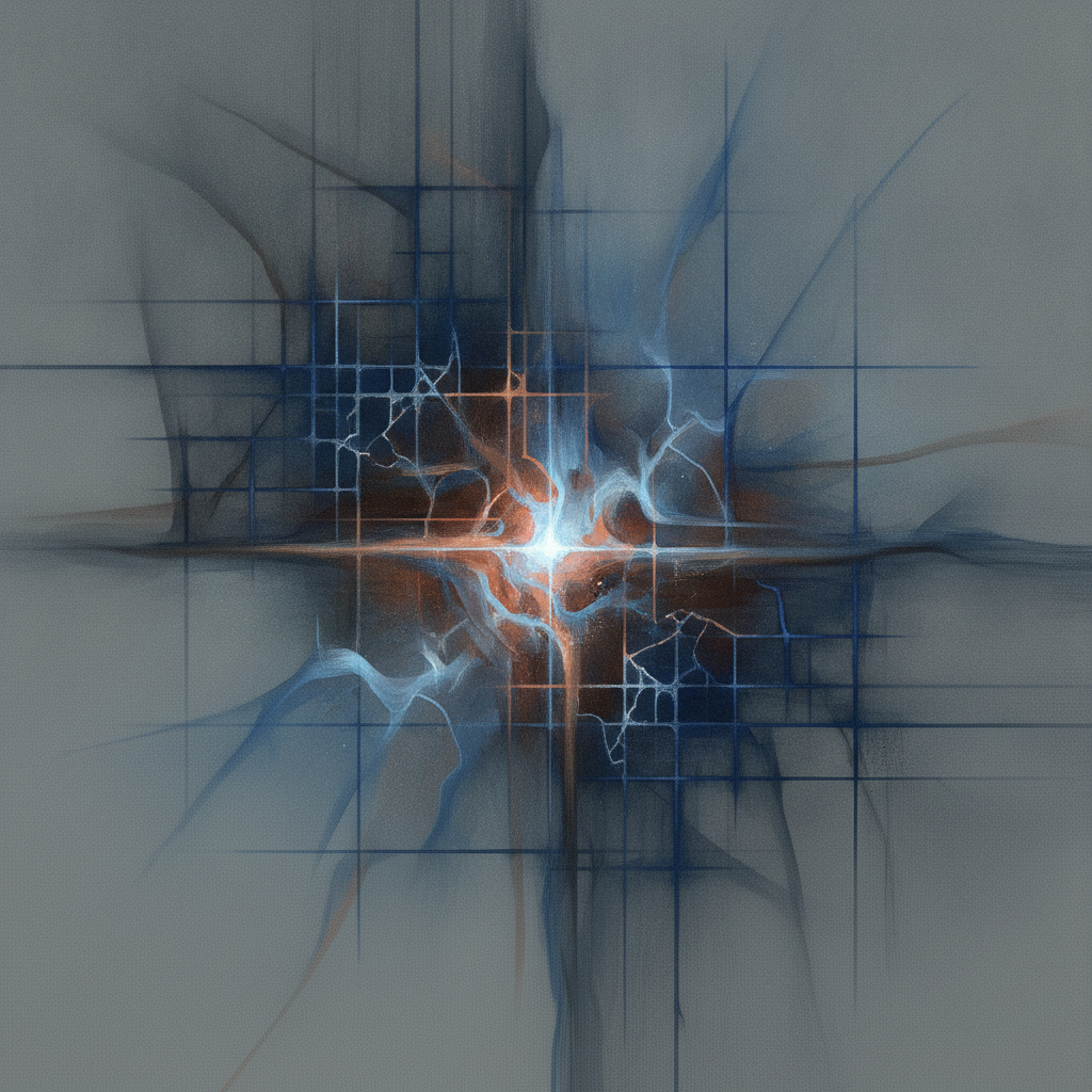 Abstract image of a human silhouette reaching for a steering wheel within a cosmic, patterned maze.