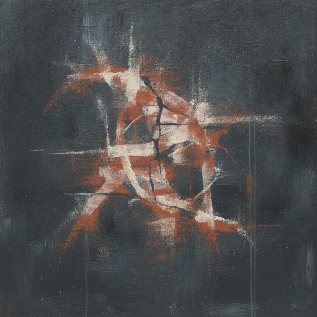 A muted color abstract painting depicting a person's silhouette with light breaking through cracks.
