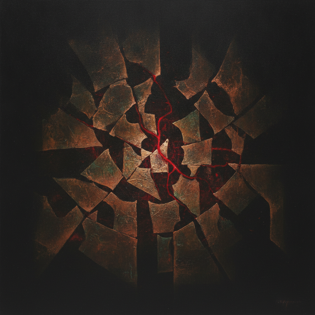 Abstract art: A golden crown emerging from dark, jagged fissures, symbolizing strength from pain.